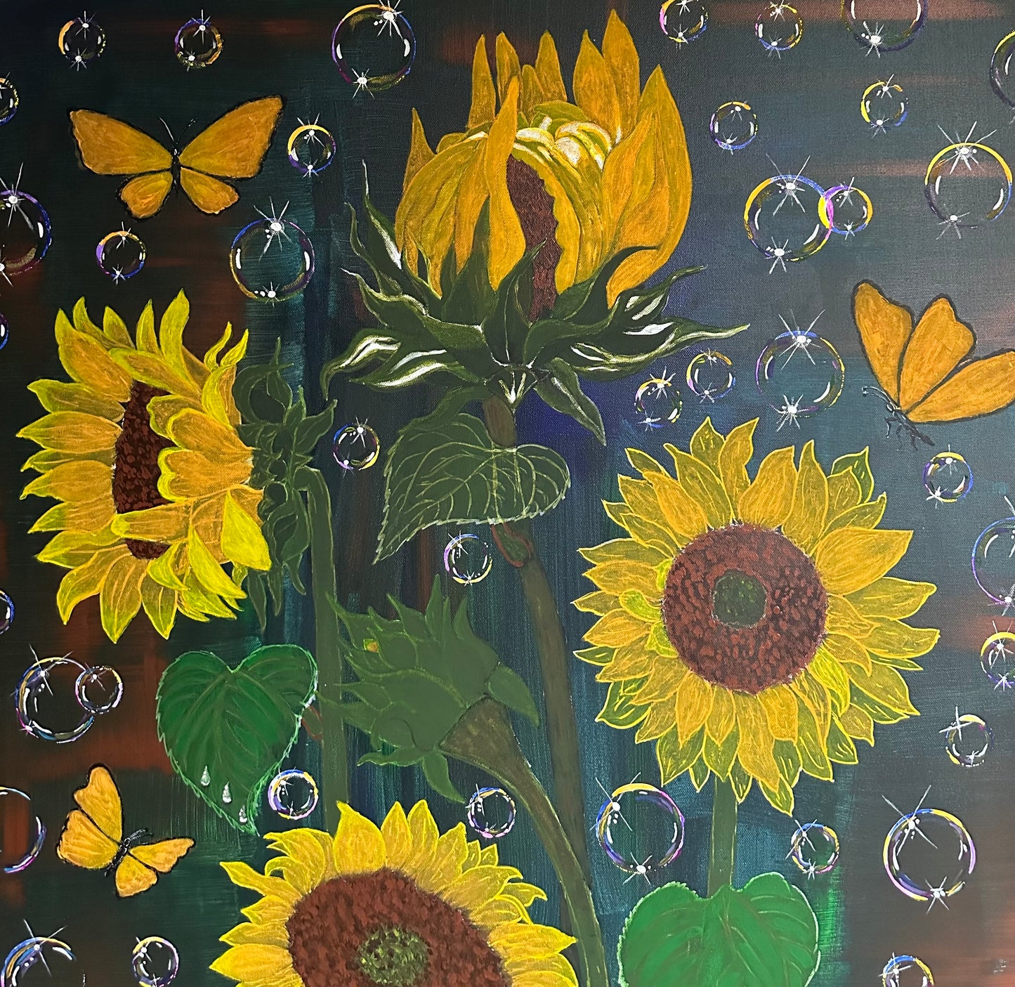 Sunflowers Family With Butterfly and Bubble