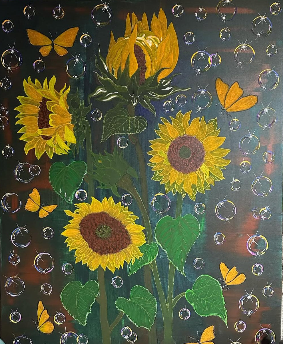 Sunflowers Family With Butterfly and Bubble