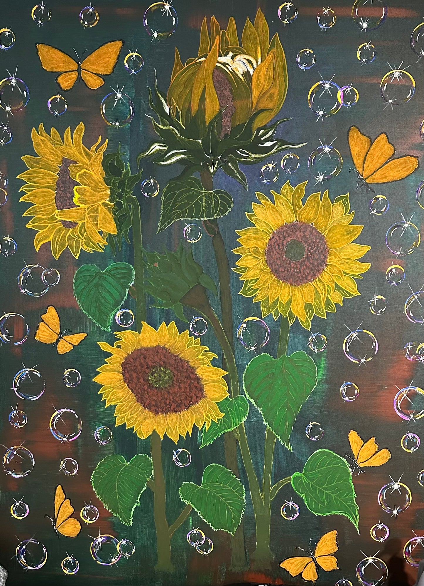 Sunflowers Family With Butterfly and Bubble