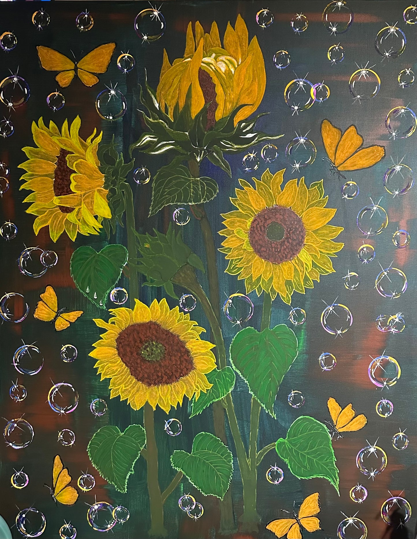 Sunflowers Family With Butterfly and Bubble